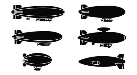 Vintage airship silhouette collection, 6 black dirigible and zeppelin vector icons, retro flying blimp transport set for travel design © Fahim