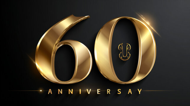 60th Anniversary luxury gold celebration with Curved text under numbers logo typography vector design concept. Sixty years anniversary gold template for business, celebration event, card, invention.