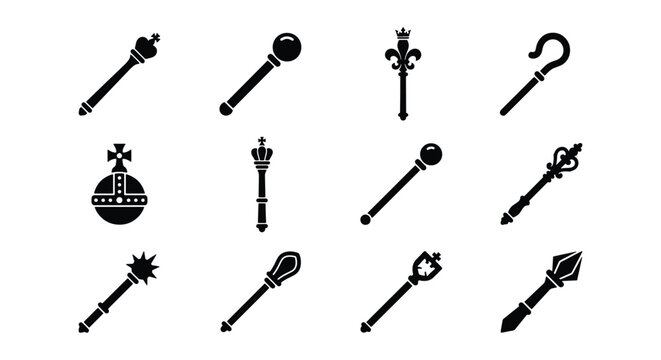 Royal scepter and mace icon set, 12 black silhouette regalia vector elements, medieval monarch staff and sovereign orb symbols for heraldry