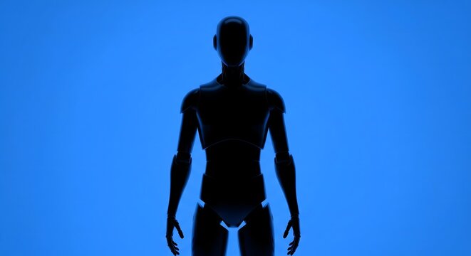 Silhouetted humanoid figure against a blue background.
