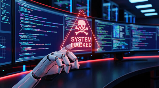 AI cybersecurity warning with robotic hand and system hacked alert on monitoring screens in data center. 