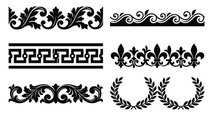 Vintage ornamental border set with 6 vector elements, classical greek key and floral acanthus patterns, black filigree dividers and laurel wreaths © Fahim