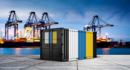 Shipping Container on Port: A vibrant shipping container stands proudly at the bustling port, showcasing a display of colors. © bao