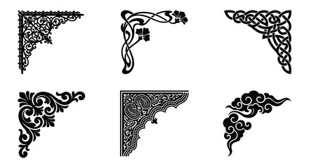 Vintage decorative corner borders set, 6 black floral and celtic frame elements, ornate victorian filigree and art nouveau corner ornaments for invitations © Fahim