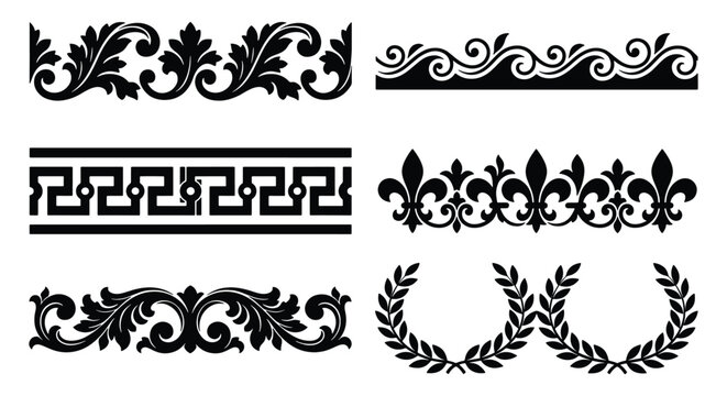 Vintage ornamental border set with 6 vector elements, classical greek key and floral acanthus patterns, black filigree dividers and laurel wreaths