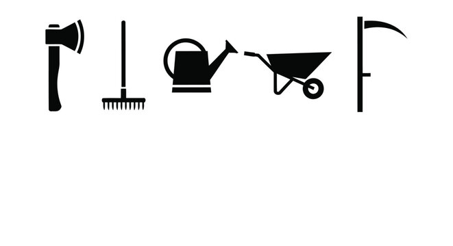 Black vector graphic illustration showing essential gardening tools for seasonal maintenance and outdoor farm work