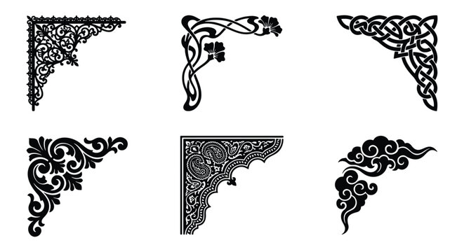 Vintage decorative corner borders set, 6 black floral and celtic frame elements, ornate victorian filigree and art nouveau corner ornaments for invitations
