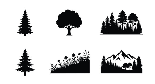 Black forest silhouette icons set, pine tree and mountain landscape vectors, minimalist nature elements for outdoor adventure branding, 6 graphic assets