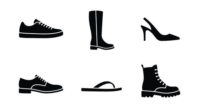 Footwear icon set with 6 black silhouettes, casual sneakers and formal dress shoes, winter boots and summer flip flops, fashion apparel vector