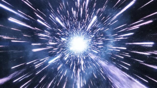 Space supernova motion graphics. Blue and pink electricity plasma sphere explodes into super speed, light streaks warp jump concept.