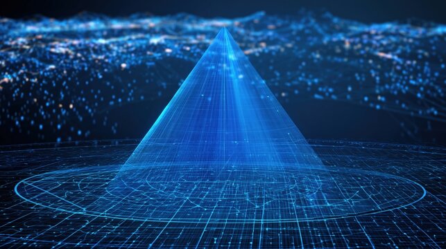 Blue holographic pyramid projection rising from circular digital grid with distant particle terrain futuristic data visualization