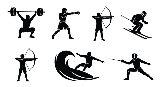 Athletic sports silhouette set, black vector icons of weightlifting boxing archery skiing surfing and fencing, professional athlete competition symbols