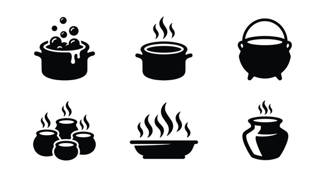 Cooking pot icons set, black cauldron and boiling soup vector silhouettes, 6 kitchenware elements with steam and bubbles for culinary design