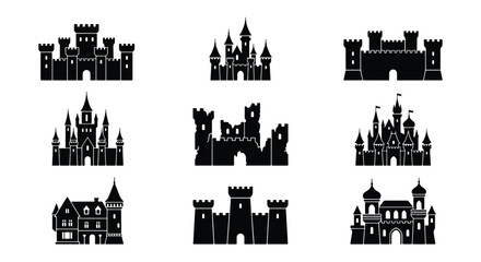 Medieval castle silhouettes set, 9 black fortress icons, ancient kingdom palace vector elements, royal citadel and stronghold graphics for gaming © Nime