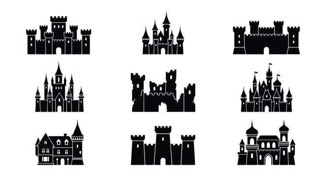 Medieval castle silhouettes set, 9 black fortress icons, ancient kingdom palace vector elements, royal citadel and stronghold graphics for gaming