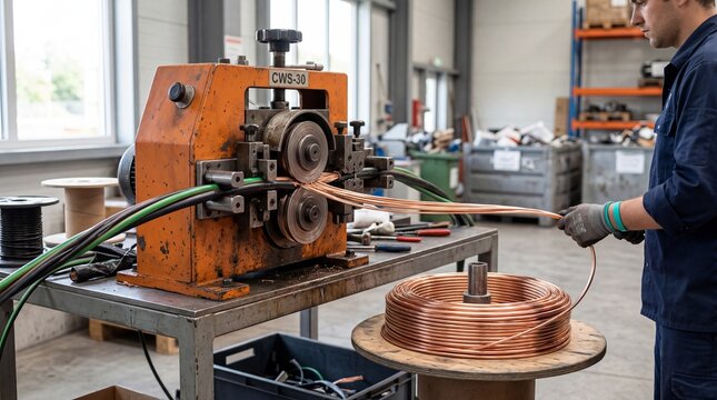 Industrial copper wire stripping machine in operation with worker