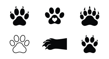 Animal paw print vector icons set, black dog and cat footprints with claws, wild bear and wolf track silhouettes for pet shop branding © Nime