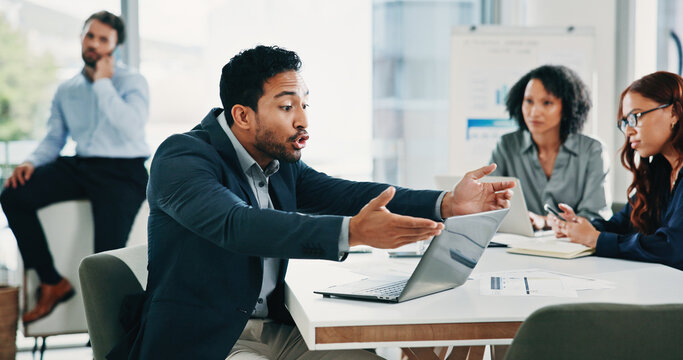 Businessman, laptop and scream with anger at office meeting with stress for glitch at insurance company. Person, broker and advisor with computer, frustrated and upset at risk management agency