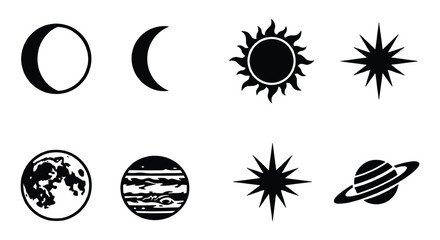 Celestial celestial body icons set, 8 black vector space elements, sun moon and planet silhouettes, astronomical symbols for astrology and science © Fahim