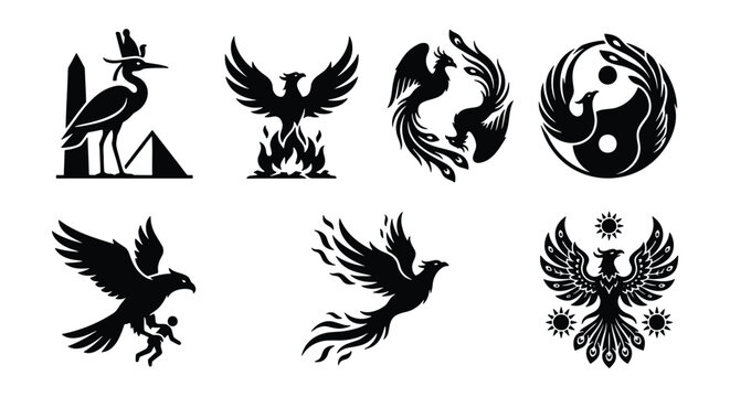 Phoenix bird silhouette icons, mythical firebird vector set, ancient egyptian heron and eagle symbols, 7 black mythological creature illustrations