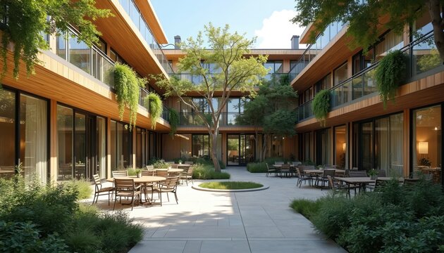 Modern cohousing complex with wooden facade and green plants. Courtyard features tables and chairs for outdoor dining. Building integrates nature with architecture for peaceful living.