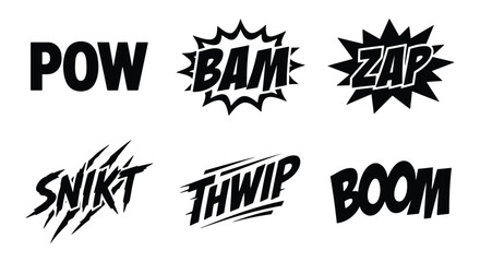 Obraz premium Comic book sound effects set, black and white onomatopoeia vector icons, 6 action words including Pow Bam Zap Snikt Thwip and Boom