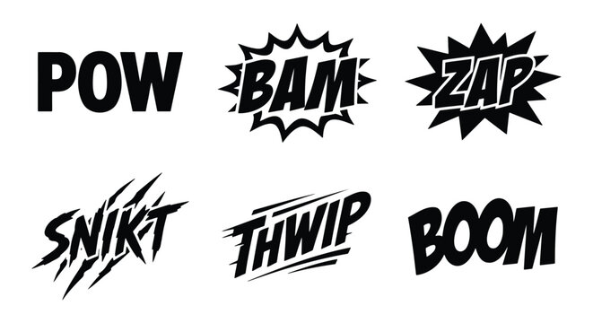 Comic book sound effects set, black and white onomatopoeia vector icons, 6 action words including Pow Bam Zap Snikt Thwip and Boom