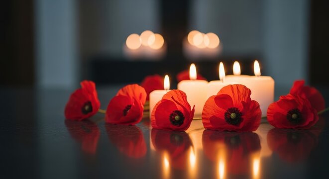 Red poppies with lit candles in remembrance setting