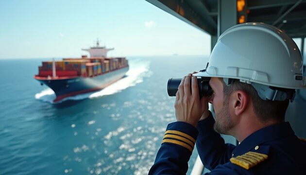 Maritime officer in hard hat looks through binoculars at cargo ship sailing on blue ocean. Officer watches freighter vessel carrying containers across sea during sunny day.