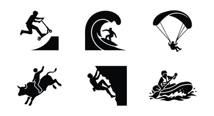Extreme sports icons set with 6 black silhouettes, outdoor adventure activities including surfing and rock climbing, adrenaline hobby vector elements © Fahim