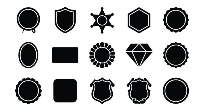 Black silhouette badge icons set, 15 vector shield and emblem shapes, minimalist blank frame templates for logo design and branding