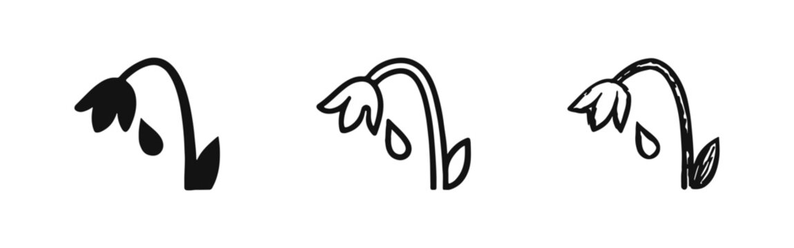 Wilted flower icon set featuring solid, outline and hand drawn sketch styles isolated on white background
