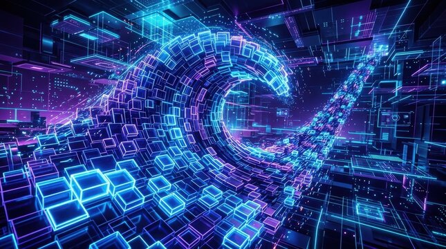 A perspective wave of abstract 3D blocks in neon blue and violet, layered cloud-computing structures and luminous cyber gradients, ultra-realistic, no logos.