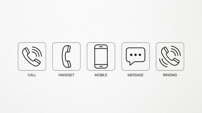 A monochrome phone icon set in line drawing style, call, handset, mobile, message, and ringing symbols, sleek minimalist layout, clean communication aesthetic, ultra-realistic, no logos.