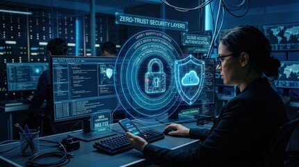 Obraz na płótnie Canvas A cybersecurity scene with digital lock, shield, OTP authentication and zero-trust security layers, deep blue tech lighting, secure cloud-access atmosphere, ultra-realistic, no logos.