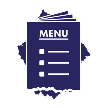 Dark blue menu with white text and checkboxes, torn paper effect