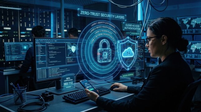 A cybersecurity scene with digital lock, shield, OTP authentication and zero-trust security layers, deep blue tech lighting, secure cloud-access atmosphere, ultra-realistic, no logos.