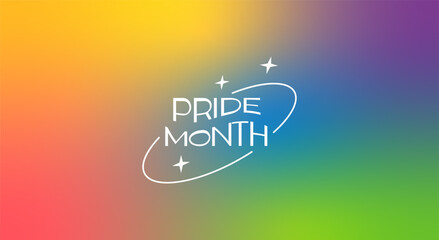 Pride Month banner with rainbow gradient background. Vibrant LGBTQ celebration header with retro typography, white stars, and orbit ring for social media cover or website background. Vector. © millering