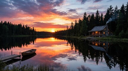 Fototapeta premium A stunning sunset over a peaceful lake with a cabin reflected in the still water, glowing sky mirrored perfectly, surrounding forest silhouettes, calm and dreamy atmosphere, ultra-realistic, no logos.