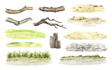 Naklejka premium Ground texture clipart with grass rocks branches logs, ground texture clipart for nature landscape design and game scene, forest floor elements. Isolated transparent background watercolor illustration