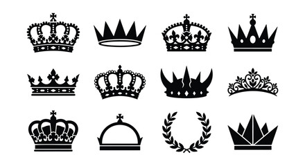 Obraz premium Vintage royal crown silhouettes, set of 12 heraldic king and queen crowns, black imperial tiara icons, luxury laurel wreath and coronet vector set