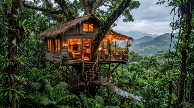 A magical treehouse retreat in a jungle rainforest, cozy wooden interior glowing through windows, lush greenery, misty hills, peaceful hidden escape, ultra-realistic, no logos.