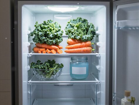 Refrigerator stocked with kale carrots and jar on shelf
