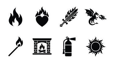 Black fire icons set, flaming heart and dragon vector elements, burning match and fireplace symbols, 8 flat fire safety and fantasy icons © Nime