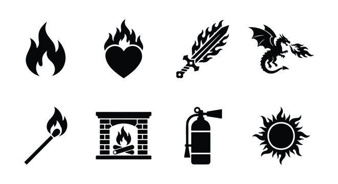 Black fire icons set, flaming heart and dragon vector elements, burning match and fireplace symbols, 8 flat fire safety and fantasy icons