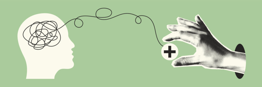 Mental health, psychological wellness, stress free Collage. Trendy halftone hand gives pill, untangles tangle of threads, clutter, and chaos in human mind. Vector banner copy space. Head silhouette.