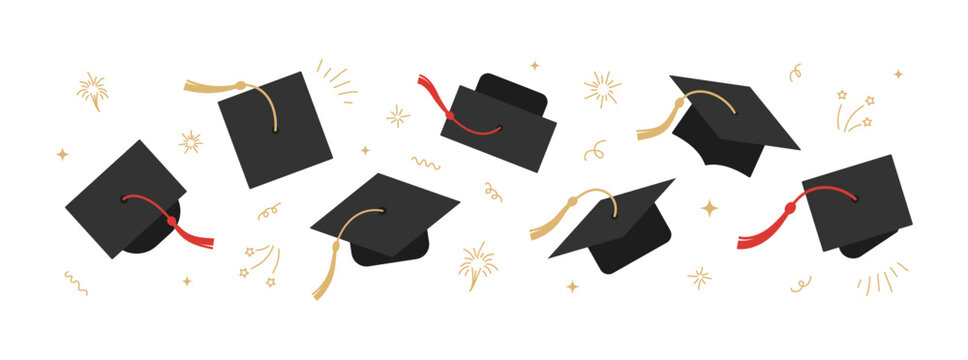 Academic cap in the air. Graduation border on white background. Graduate icons hats in flat style with doodle sparkles, stars, gold confetti. Education celebration banner for high school, college.