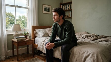 Fototapeta premium A thoughtful young man looking away while seated near a bed at home, soft muted daylight, quiet bedroom details, introspective emotional atmosphere, ultra-realistic, no logos.