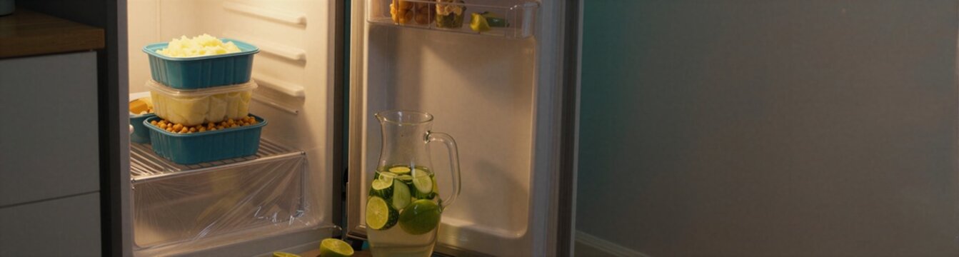 Partially open fridge with pitcher and stacked food containers