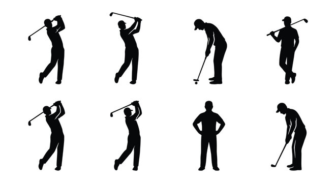 Professional golf player silhouettes, set of 8 golfer vector icons, male athletes swinging golf clubs and putting, sports competition graphics